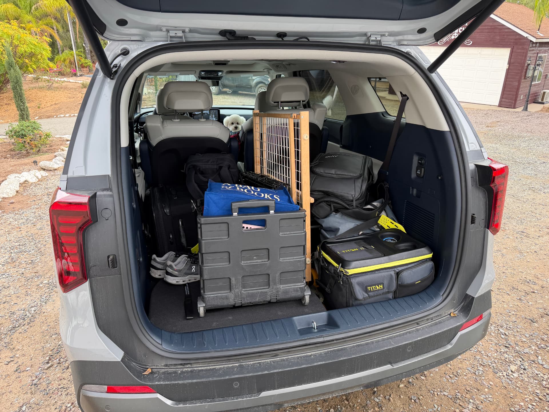 Open Kia Carnival cargo area packed with luggage, bags and a gate, with Obi visible inside