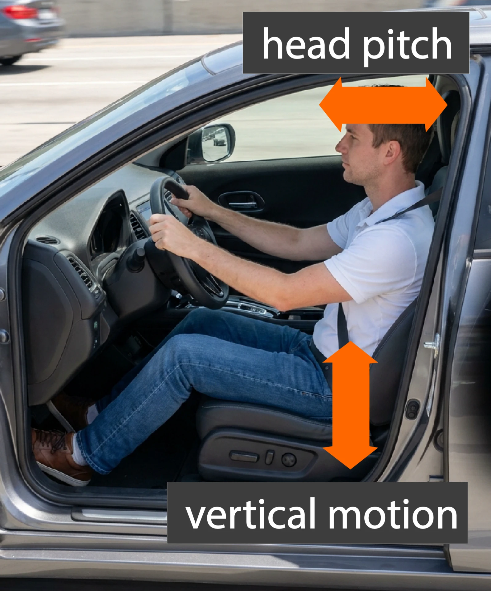 Front seat ride quality test showing driver head pitch and vertical motion measurements