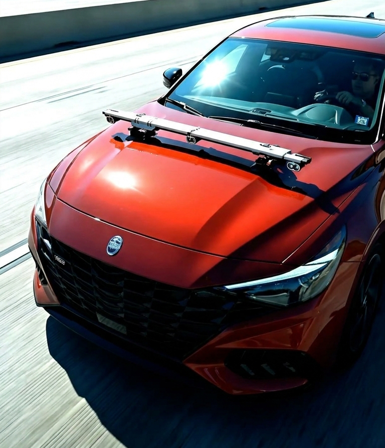 Adaptive cruise control instrumented test with a red sedan following a target vehicle
