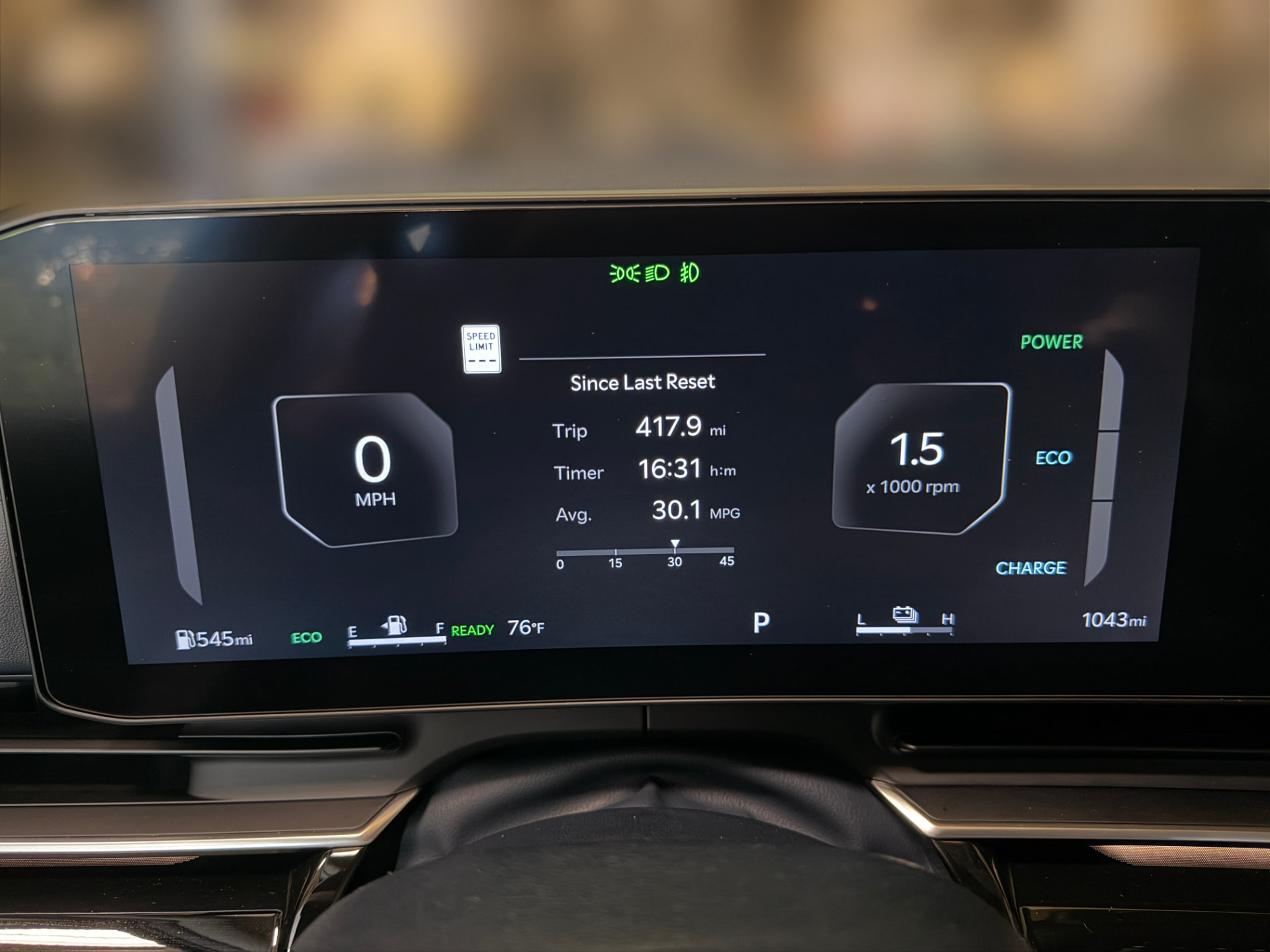 Kia Carnival instrument display showing 417.9 miles and 30.1 MPG average