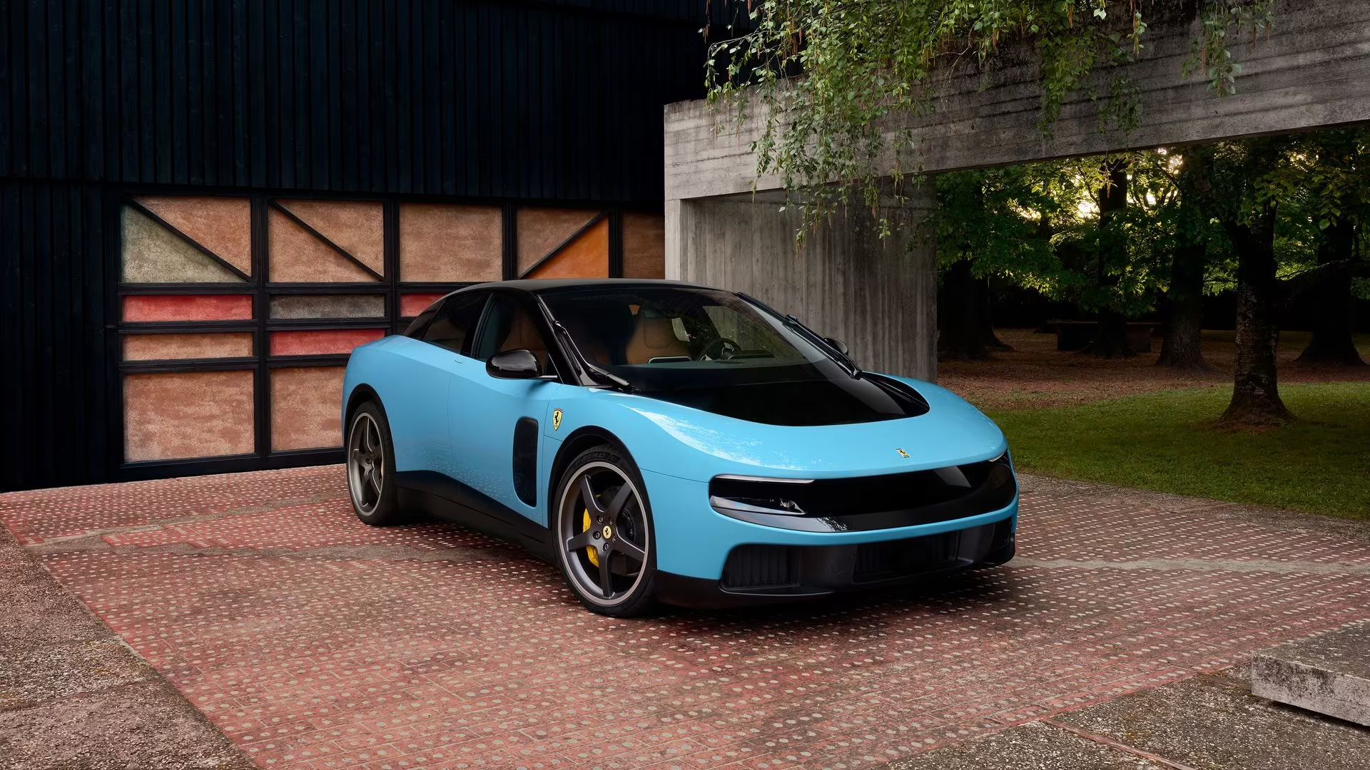 Ferrari Luce in light blue shown from the front three-quarter angle