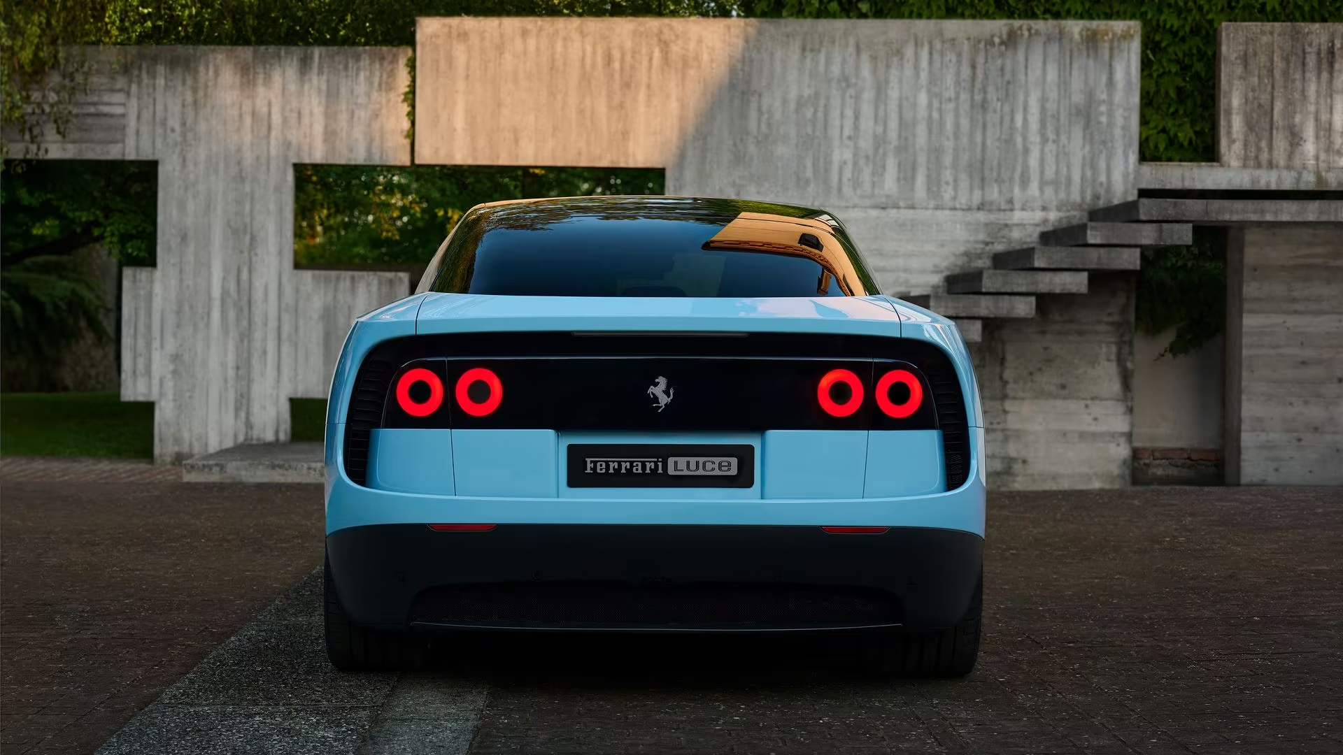 Rear view of the light blue Ferrari Luce with circular taillights